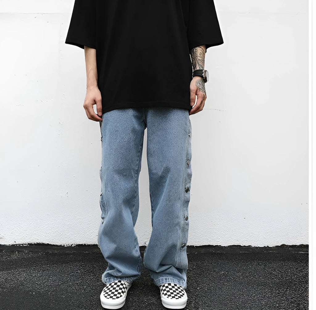 Women's straight loose jeans in black cotton with zip fly, mid-low waist, sizes M L XL
