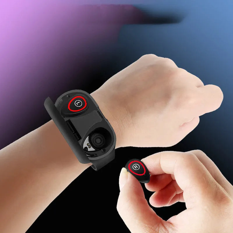 Smart bracelet and earphone combo with 1-inch touchscreen and silicone wristband in black, blue, or red colours