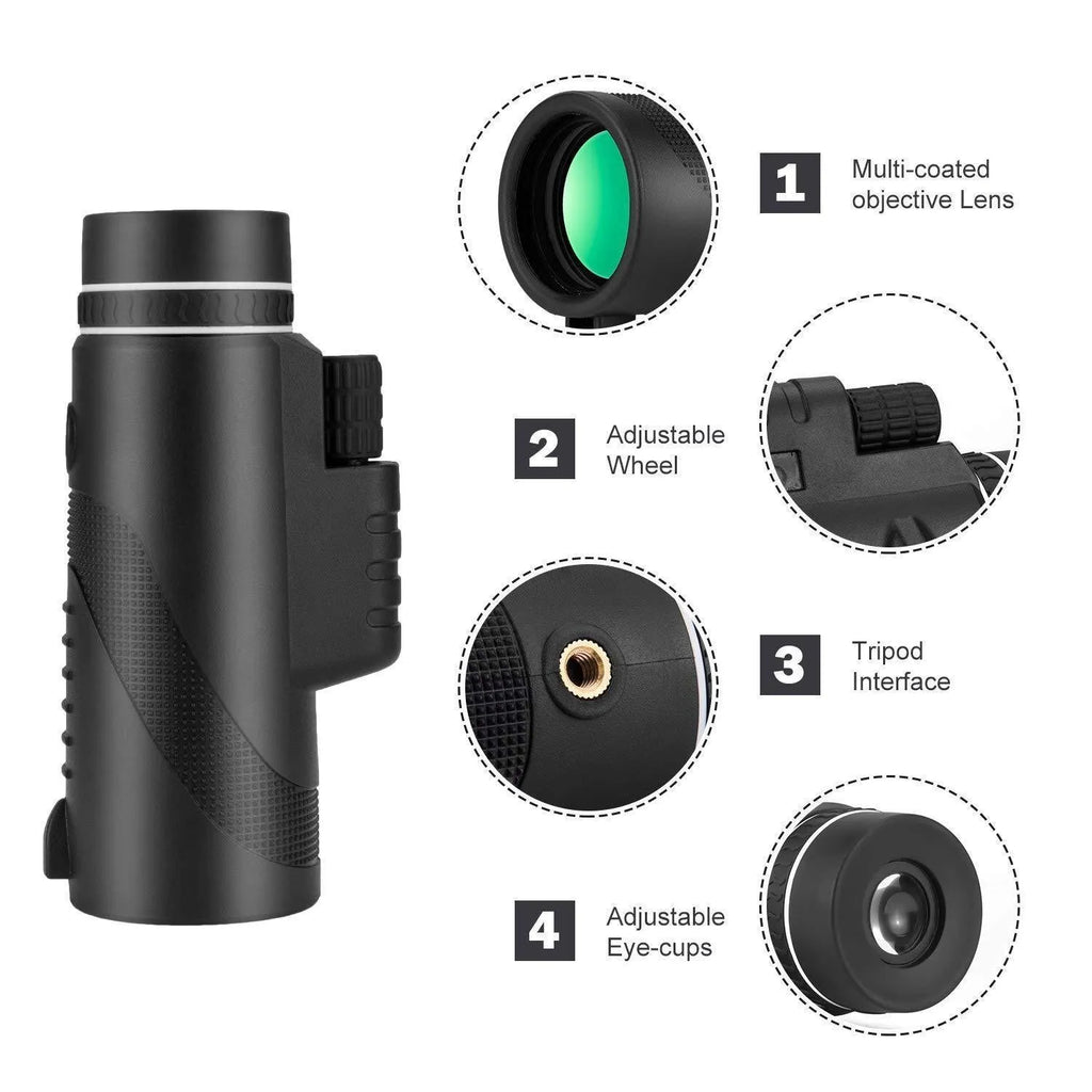 Black 40x60 mobile phone telescope monocular with waterproof nitrogen-filled construction and FMC green film lenses