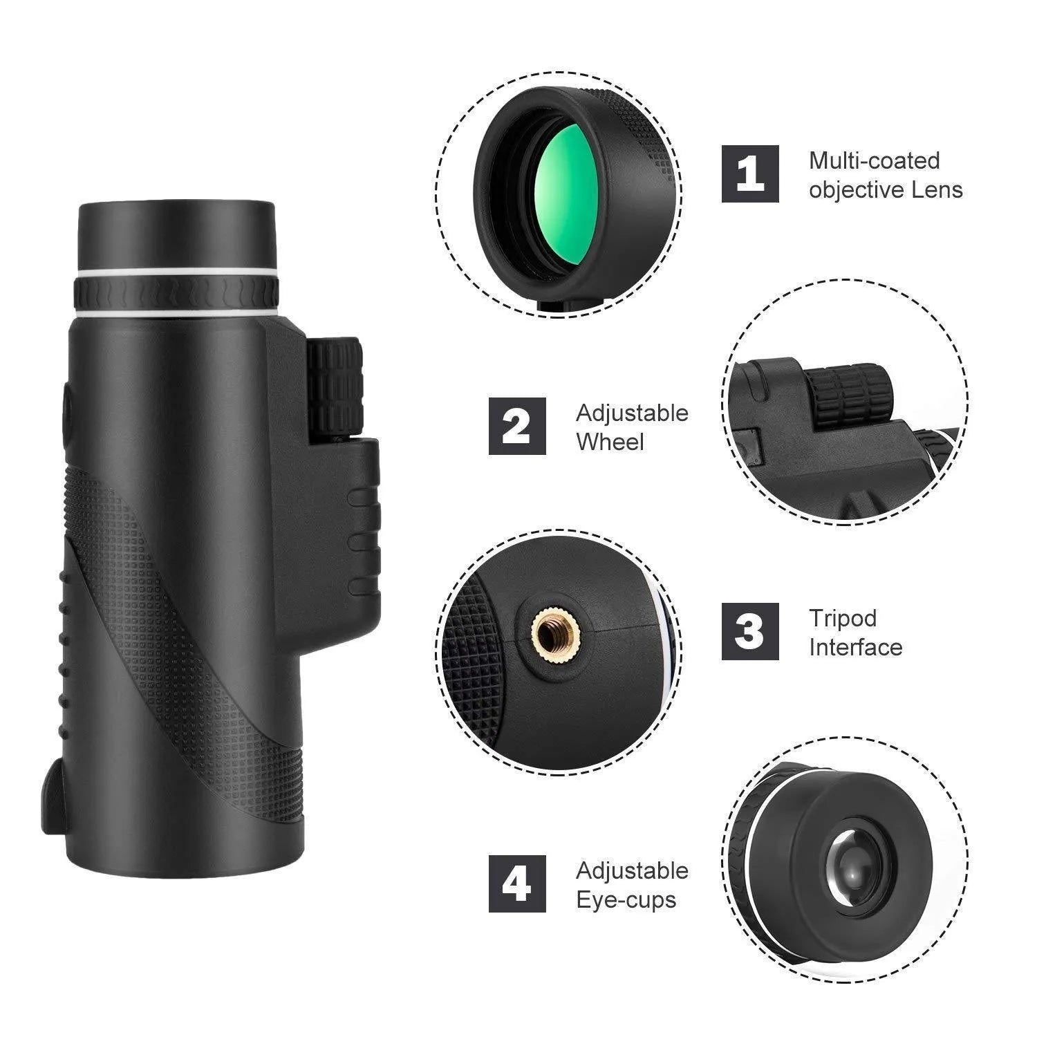 Black 40x60 mobile phone telescope monocular with waterproof nitrogen-filled construction and FMC green film lenses