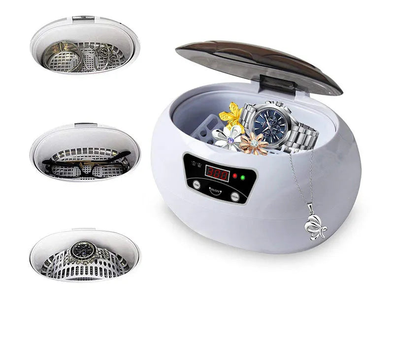 Ultrasonic cleaning machine for home in white blue, 40KHz digital control, compact 20.6 x 15.2 x 13.2 cm