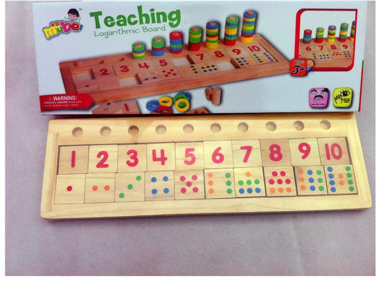 Montessori teaching log board made of rubber wood with a plastic ring, packed size 43 x 14 x 4.5 cm