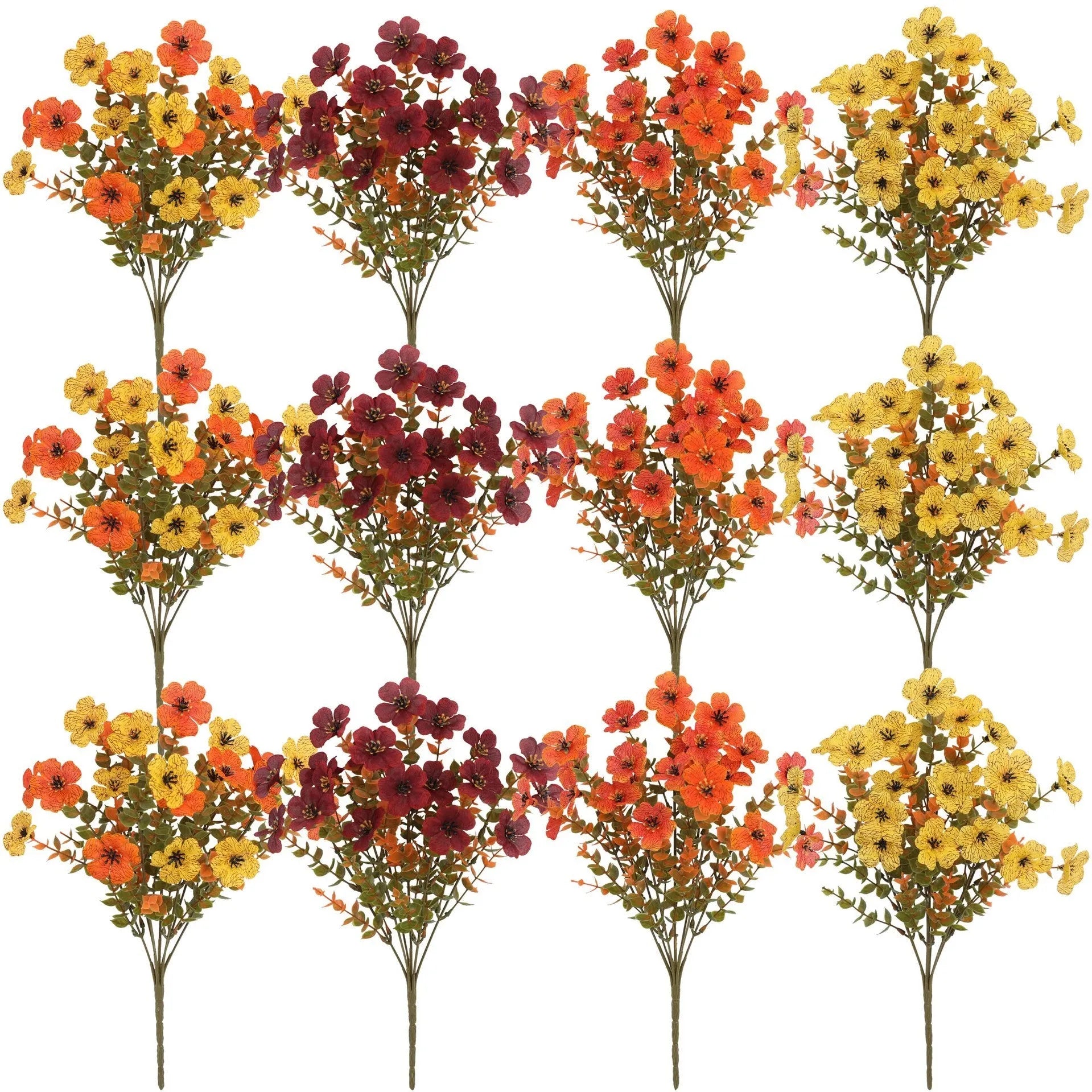 Plastic and silk artificial flower bouquet in autumn colours of red, yellow, orange and orange-yellow.
