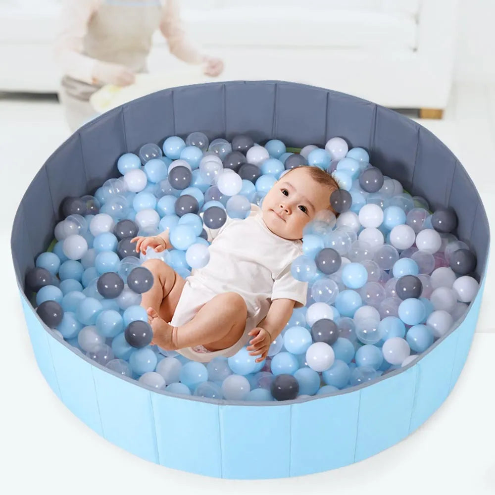 Large kids foldable indoor ball pit pool in Oxford cloth, 100x30cm, blue colour, set up in a playroom