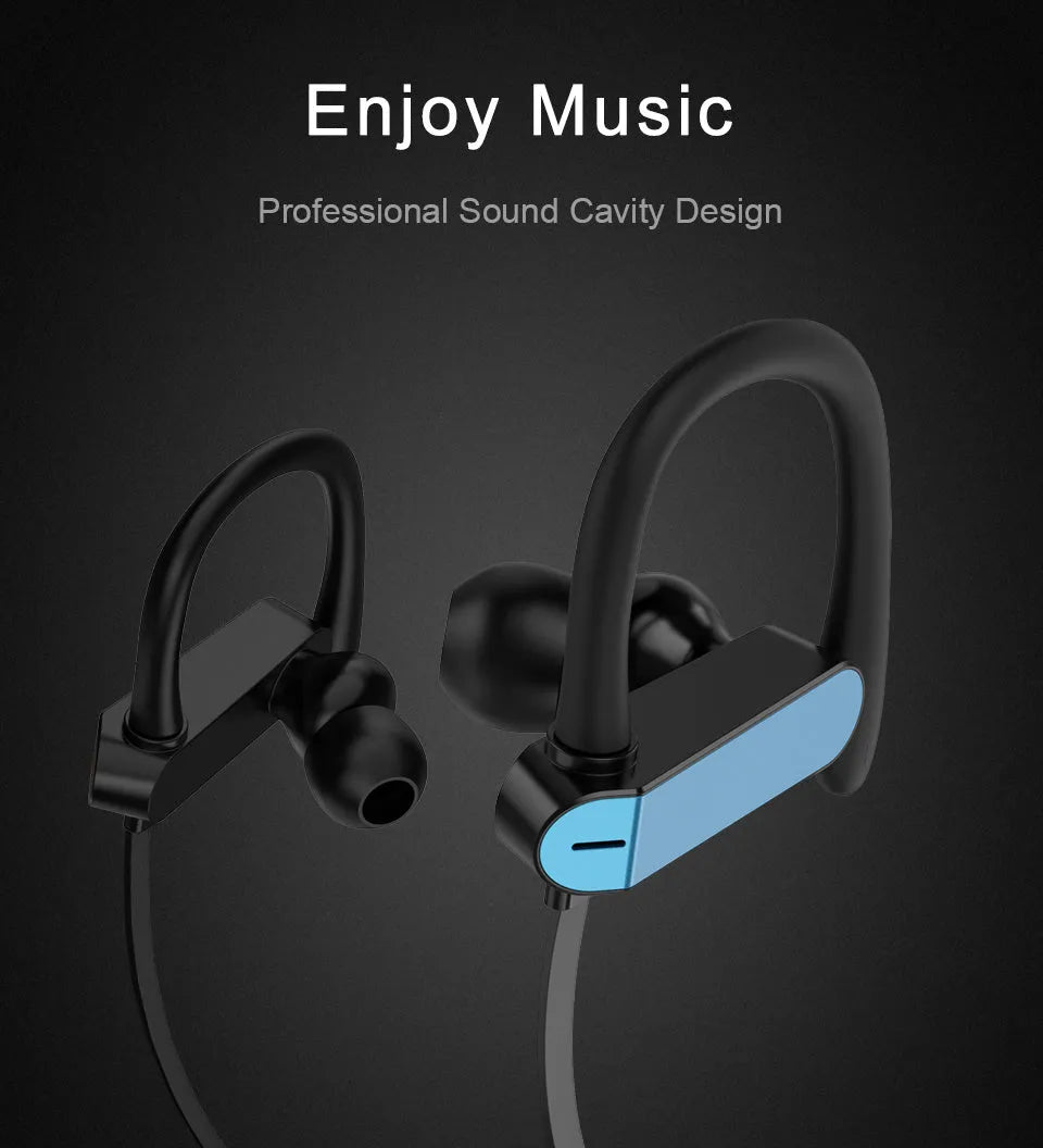 Sport running earbuds with black and blue ear hook design and silicone tips