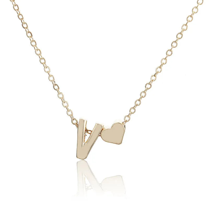 Peach heart shaped letter pendant necklace in gold or silver alloy finish
