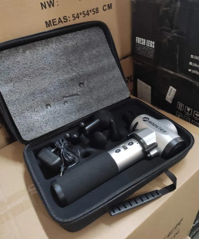 Black and white muscle massage gun with a 12mm stroke on a grey background