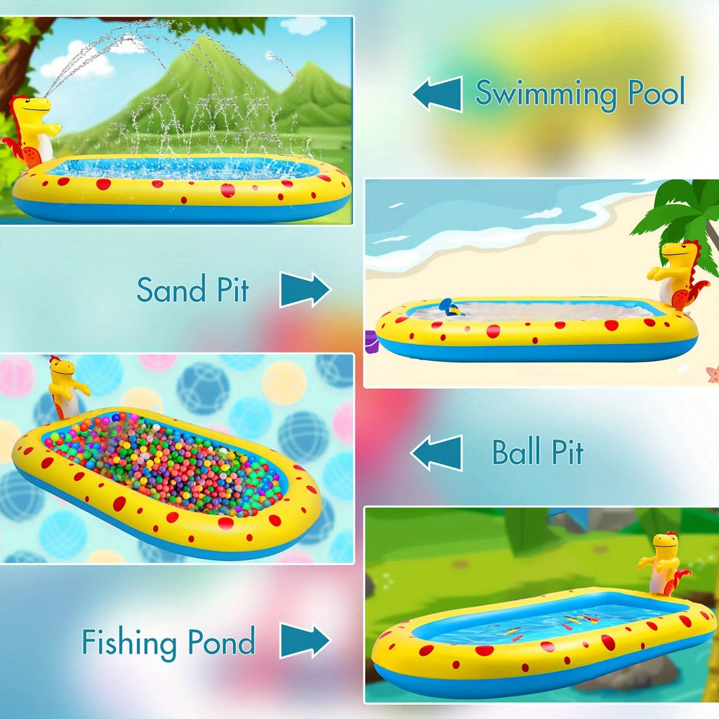 Blue dinosaur-shaped inflatable pool with shark design measuring 170cm long for kids' water play
