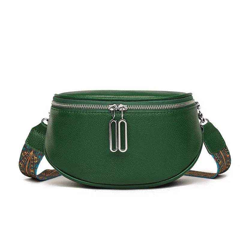 Women's soft PU leather messenger bag in saddle shape with cross-body strap and internal organisation