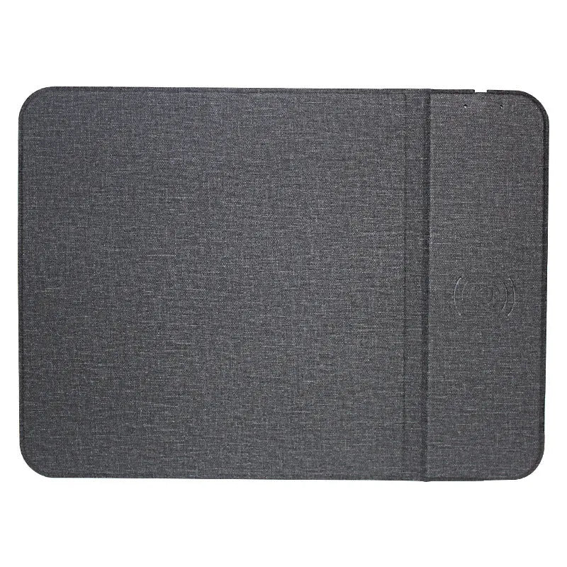 Foldable cloth phone holder with integrated wireless charging pad shown open and closed.