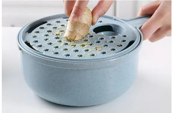8 in 1 mandoline slicer with stainless steel blades, drain basket, container, and hand protector, blue or pink