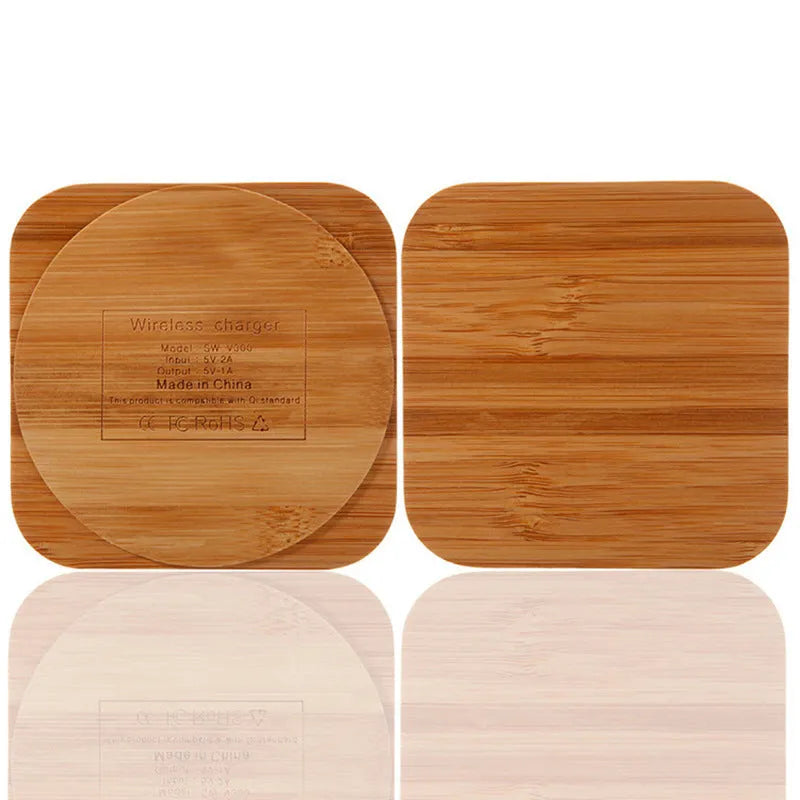 Square brown bamboo wood wireless charger with Qi 5W charging capability