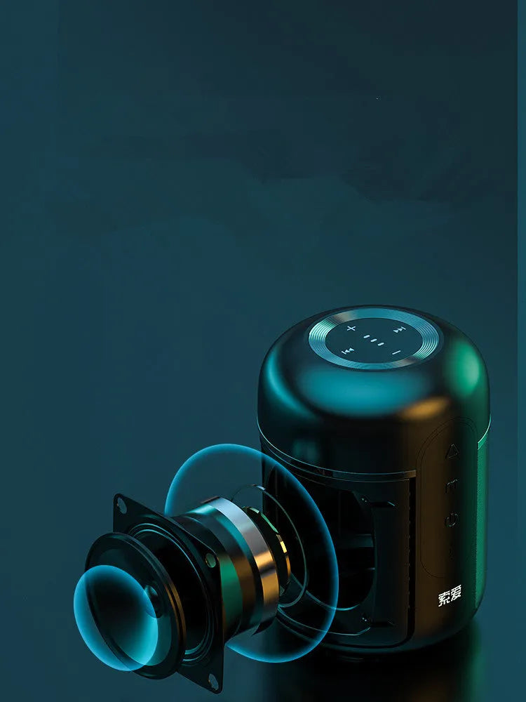 Black portable Bluetooth speaker with compact 72mm x 99mm plastic cabinet design showing connectivity ports.