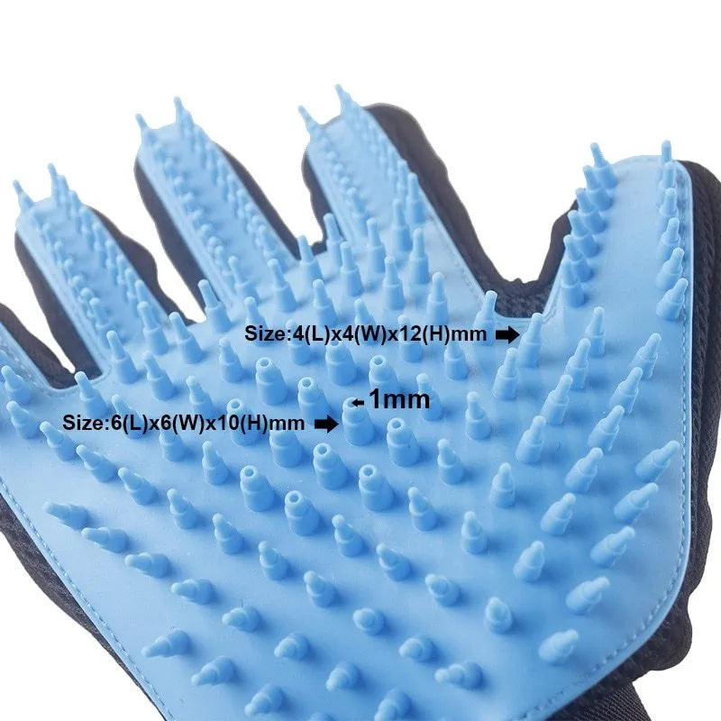 Blue handheld pet shower head with silicone massage glove, 7.5 ft hose and two faucet adapters for dog and cat bathing