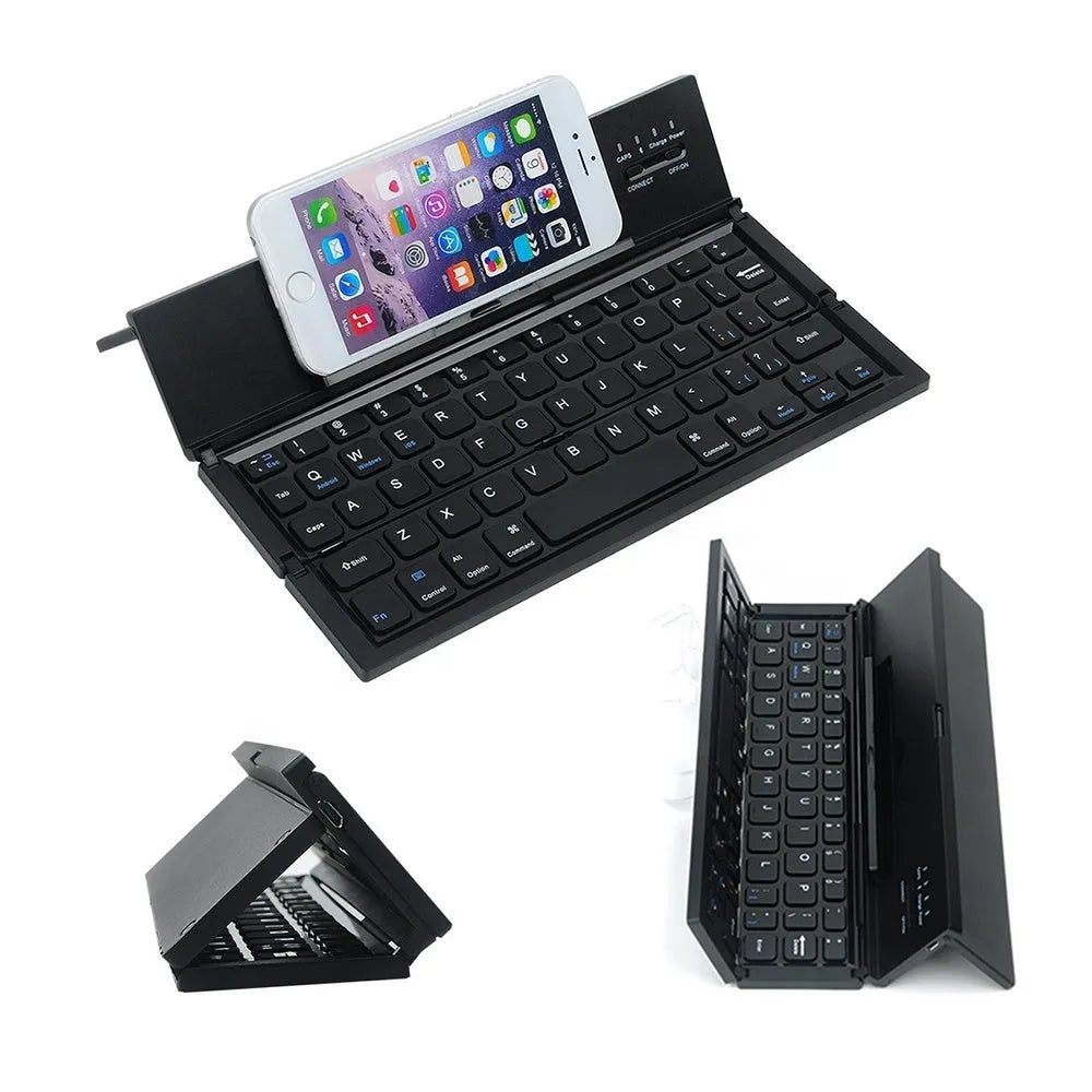 Black foldable Bluetooth keyboard for tablets with aluminium bottom and wrist support