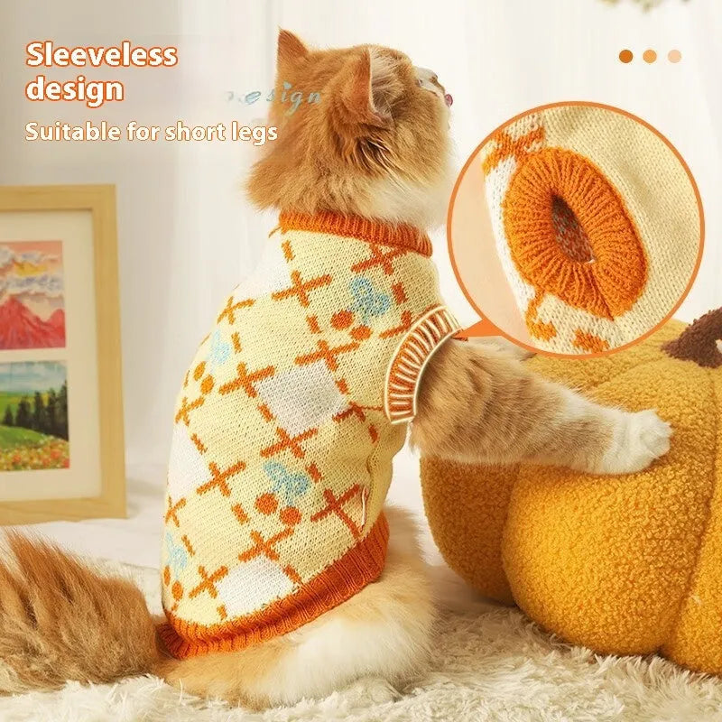 Cat sweater autumn-winter warm thickening windproof orange cherry diamond cherry material on a light background