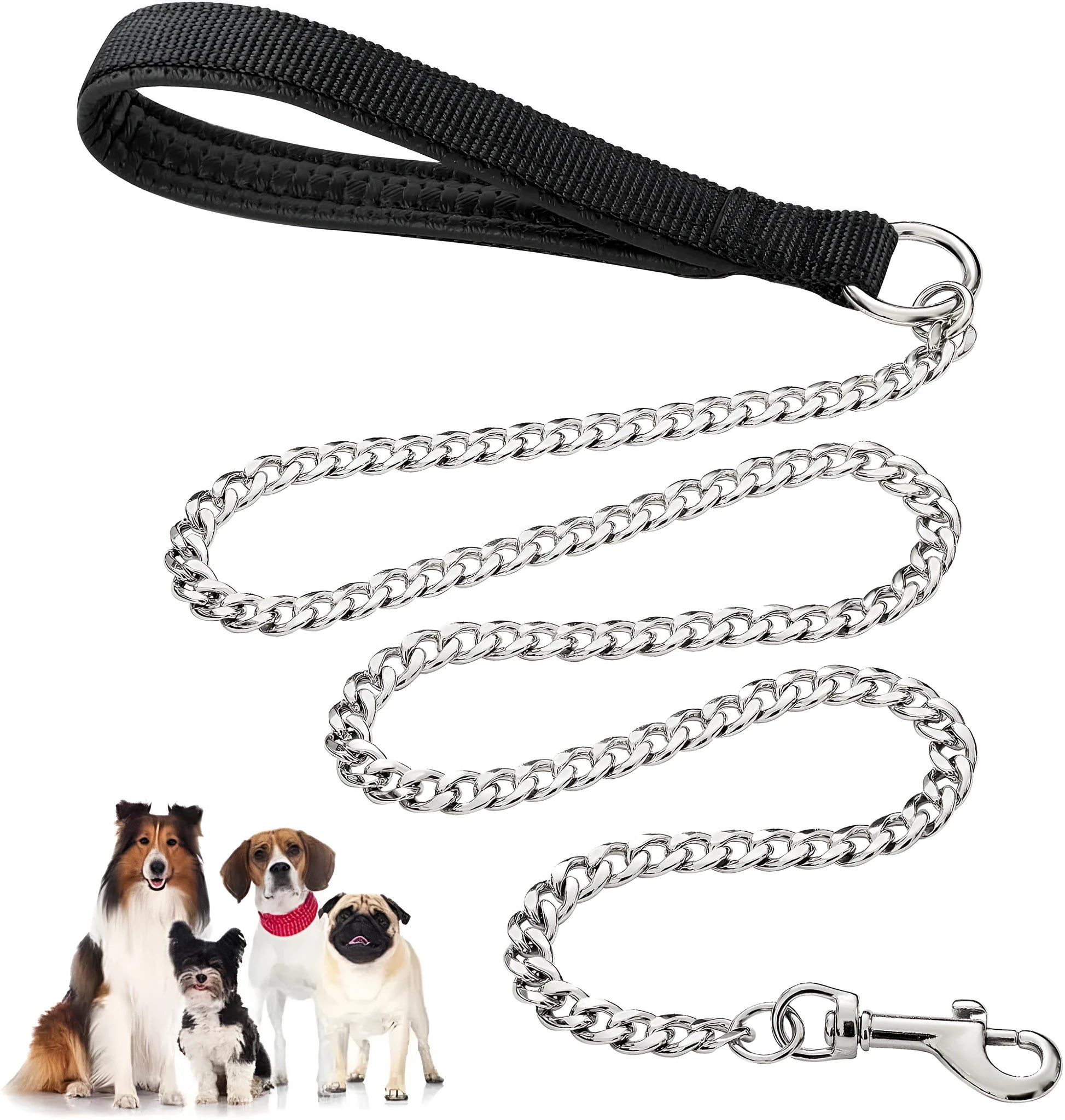 Heavy duty metal dog leash with soft padded handle in black, blue, or red colours