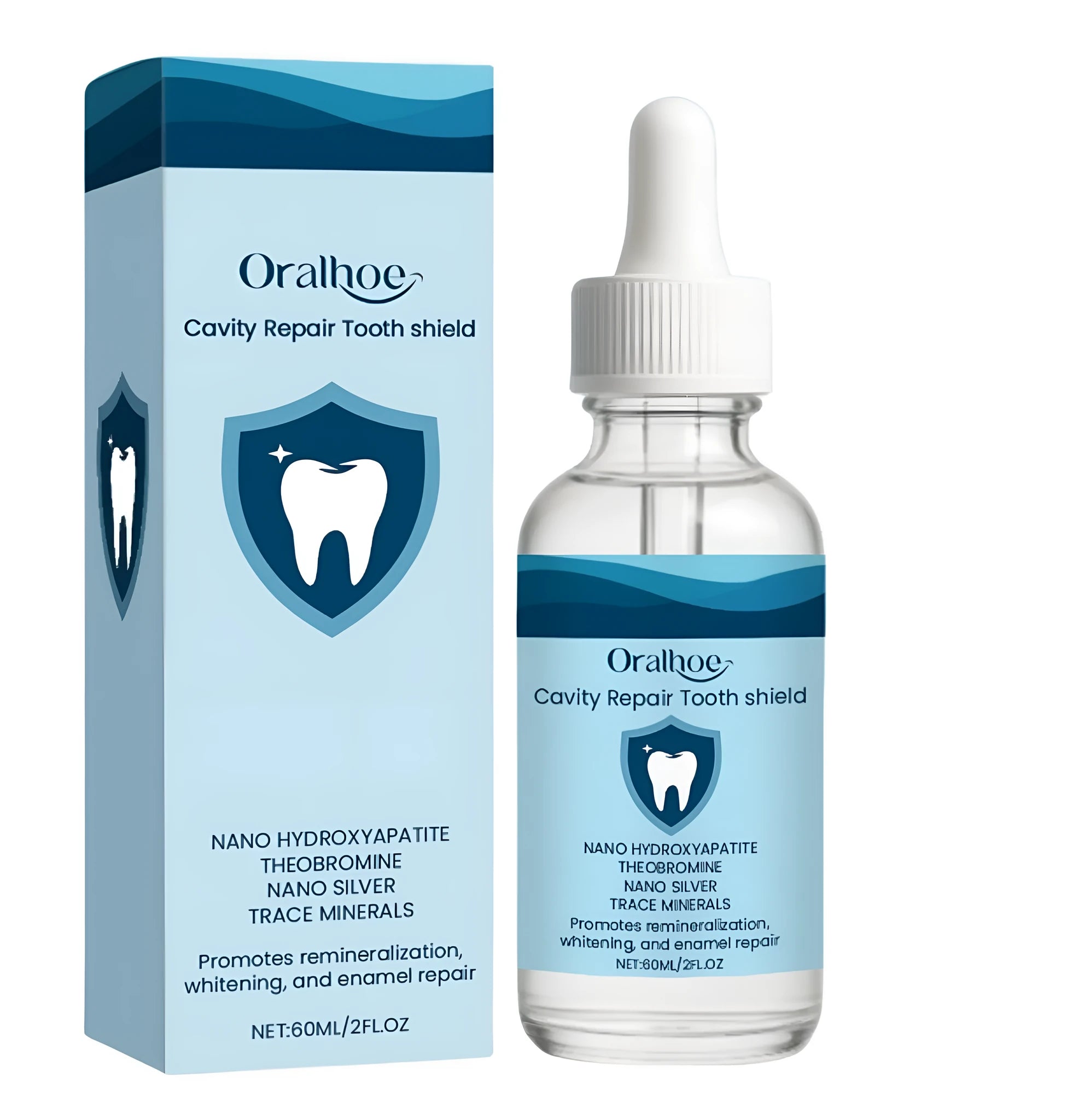60ml bottle of clear dental restorative fluid with ingredients hydroxyapatite and theobromine.