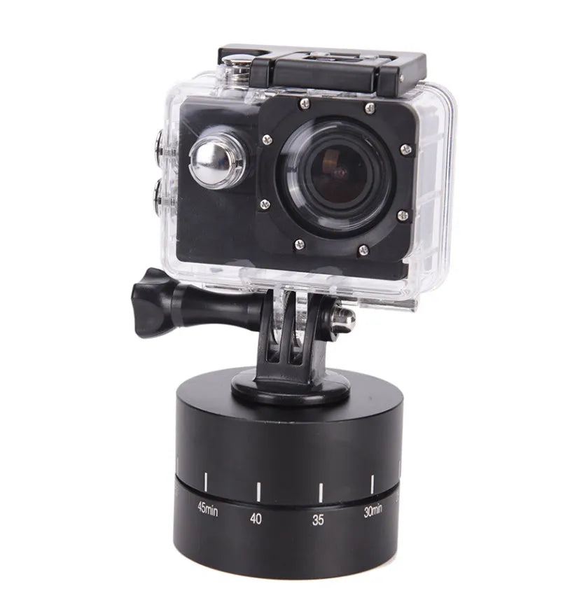 360-degree auto rotate camera tripod head on a tripod, compatible with GoPro and DSLR cameras.