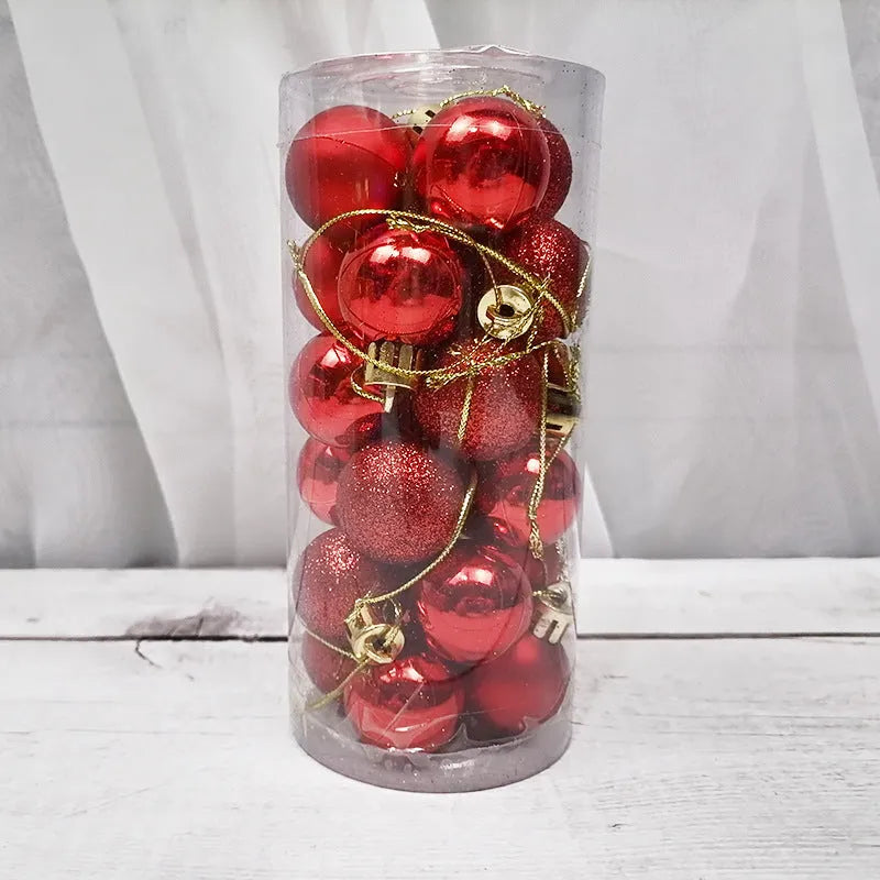 Small 3cm diameter shiny matte plastic Christmas bauble in assorted colours including gold, red, silver, and blue.
