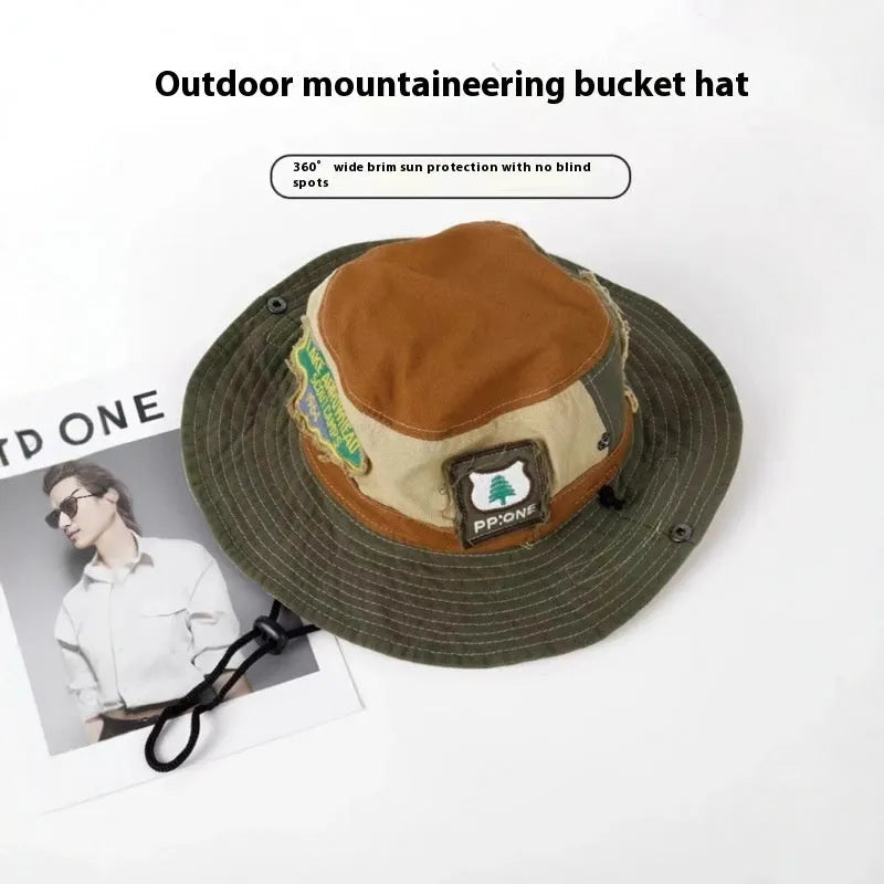Army Green cotton foldable fisherman hat with retro patchwork and flat crown design
