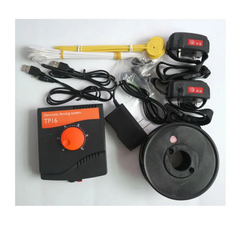 Pet electronic fence with waterproof receiver, adjustable one square kilometre boundary, and 300m coil.
