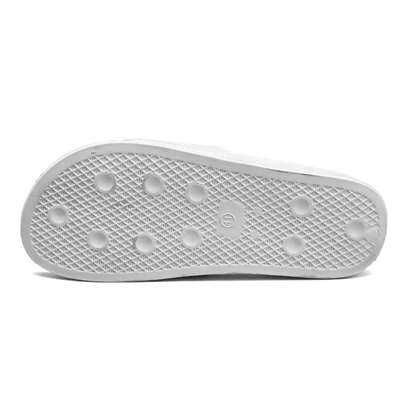 Men's black and white open toe slippers with rubber soles showing size range 36-46