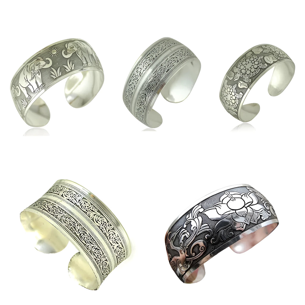 Silver alloy ethnic bracelet with carved Miao openwork patterns in turtle colour option