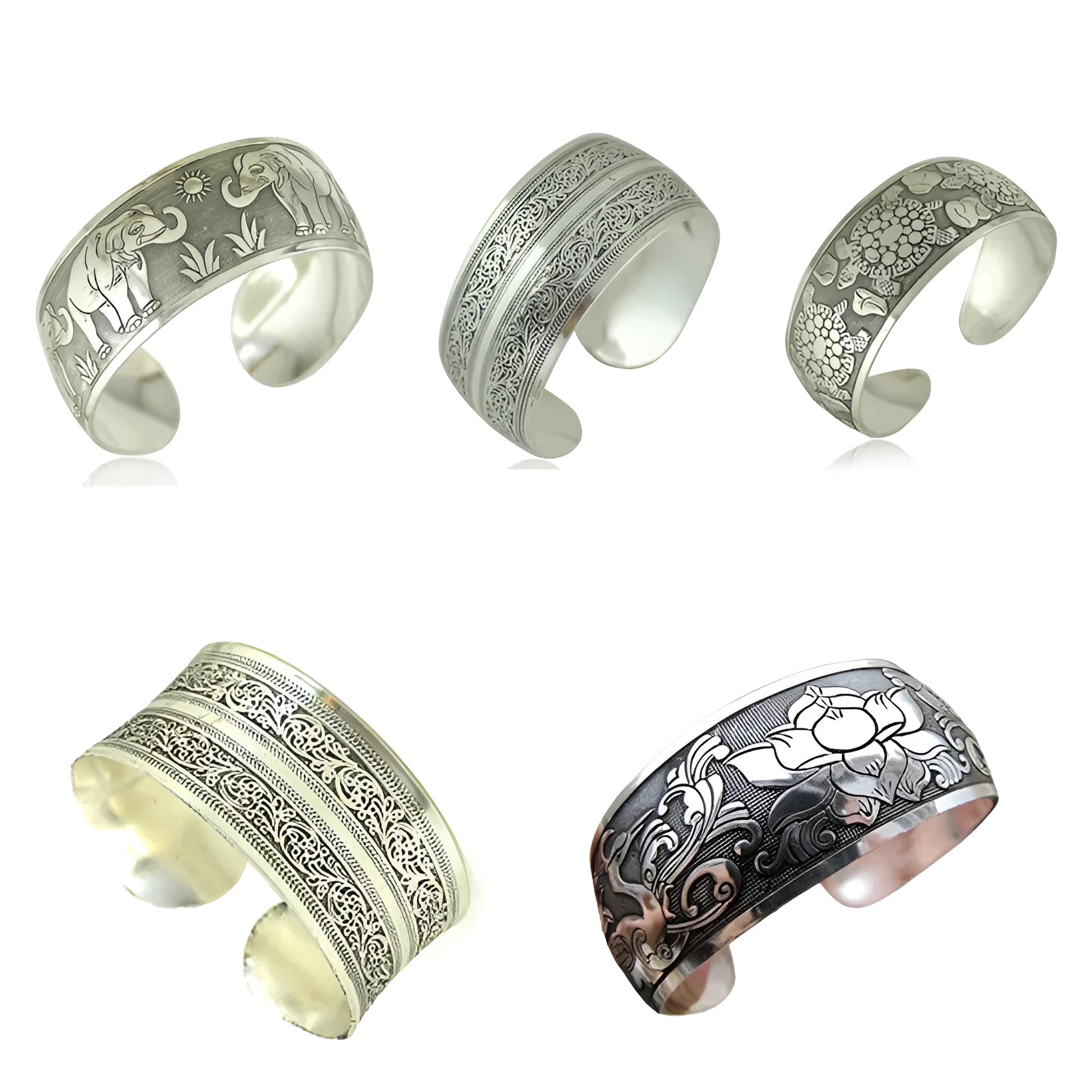 Silver alloy ethnic bracelet with carved Miao openwork patterns in turtle colour option