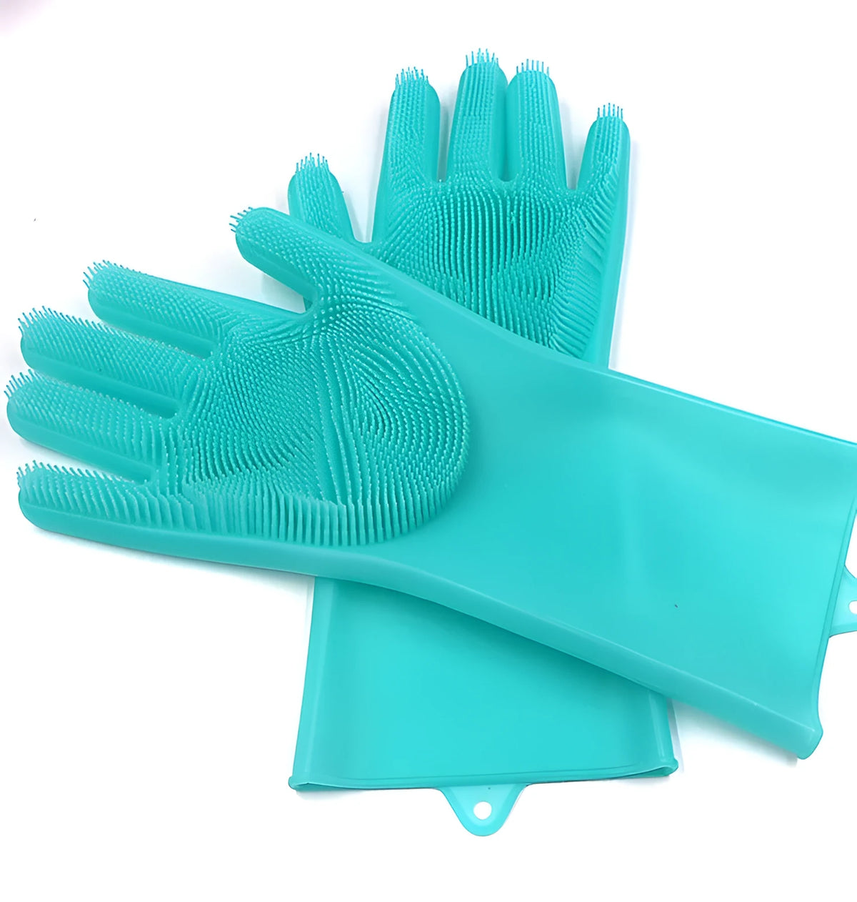 A pair of blue silicone cleaning gloves with a textured sponge-like surface for scrubbing.