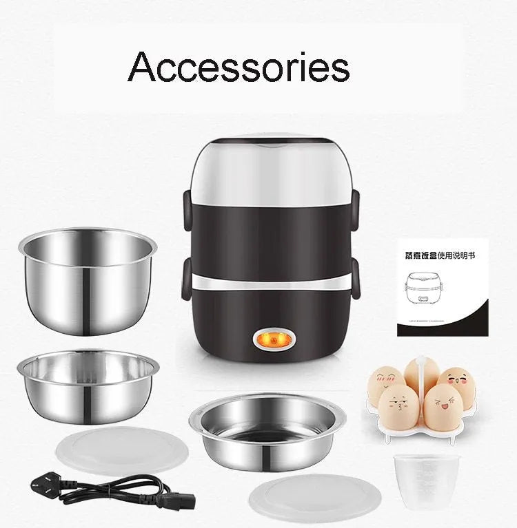 USB electric lunch box showing two-layer and three-layer capacity options with 200W heating power