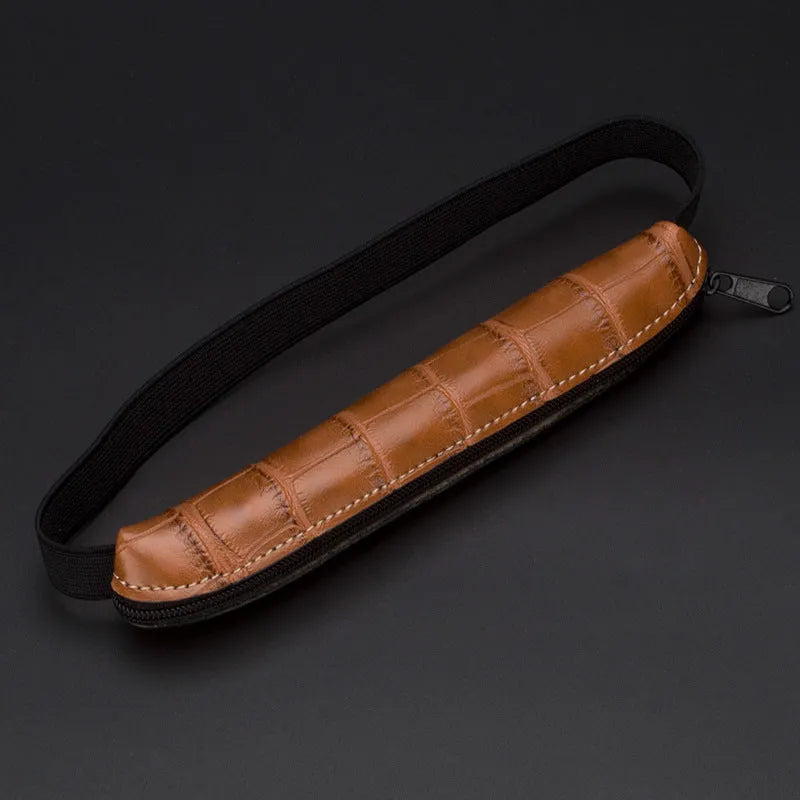 Long PU leather pencil case in beige gray with plain design and zipper closure