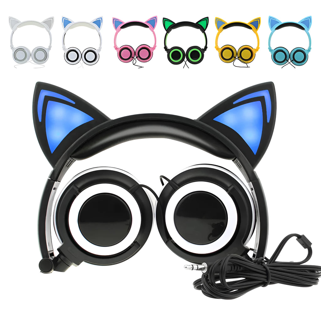 Colourful LED light up cat ear headphones with illuminated ears and cushions on a black background.
