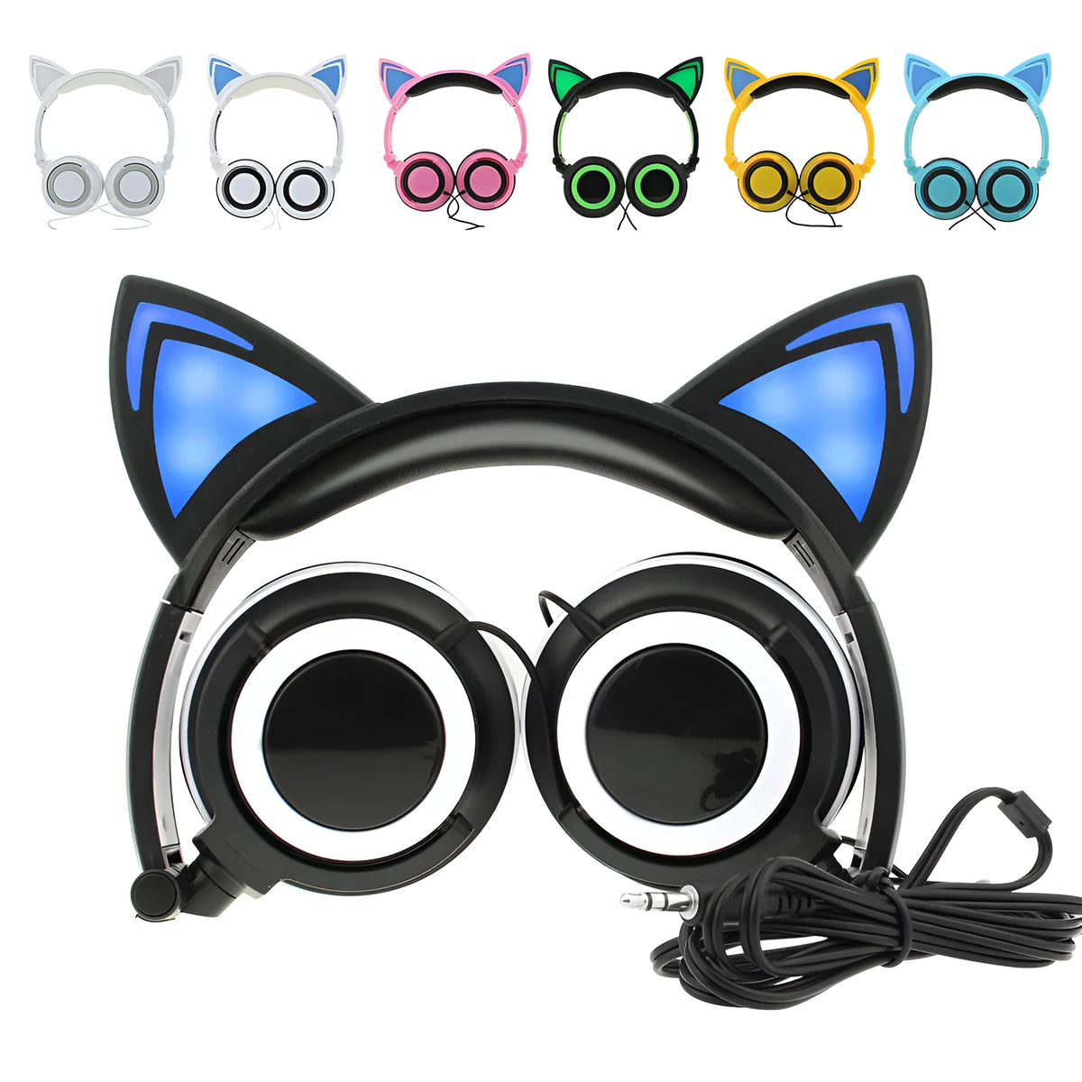 Colourful LED light up cat ear headphones with illuminated ears and cushions on a black background.