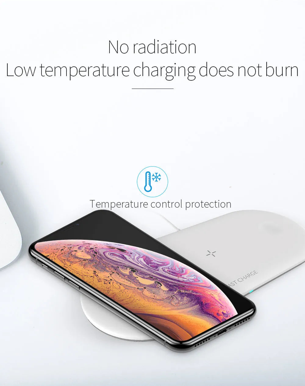 White three-in-one wireless charging station for Apple iPhone, iWatch, and earbuds on a desk.
