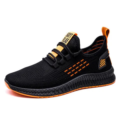 Men's flying weave sports shoes with three stripes, low heel, and round toe in black orange or yellow