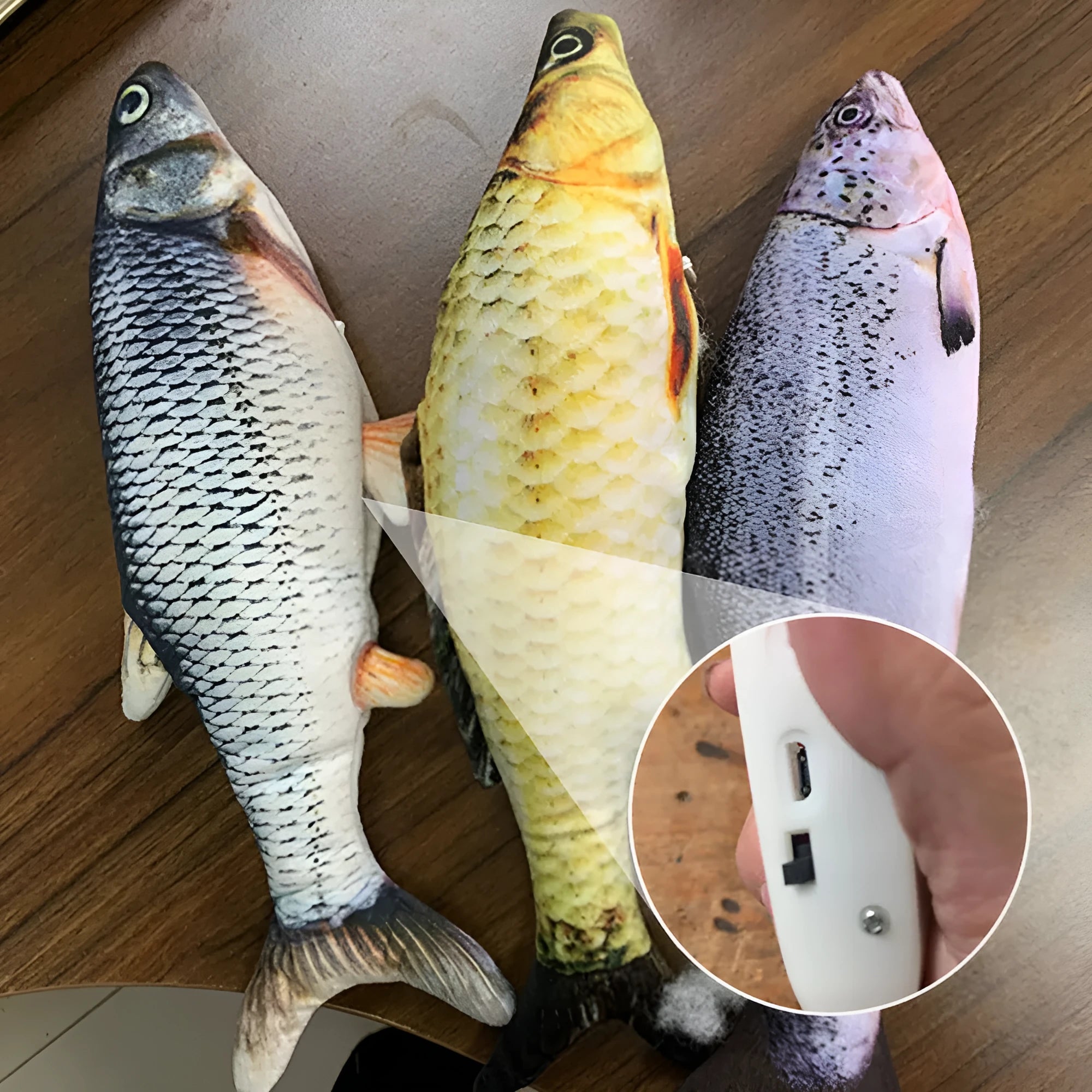 Electric jumping fish cat toy 30cm long with USB cable, multicolour options including carp and clownfish designs