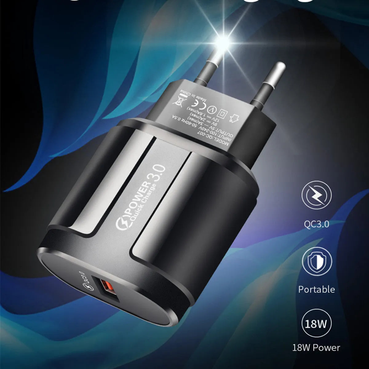White and black smart mobile phone chargers with EU, UK, and US plug options shown.