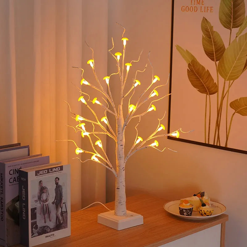 60cm tall mushroom tree LED lamp with birch design and 24 detachable flowers showing warm white illumination