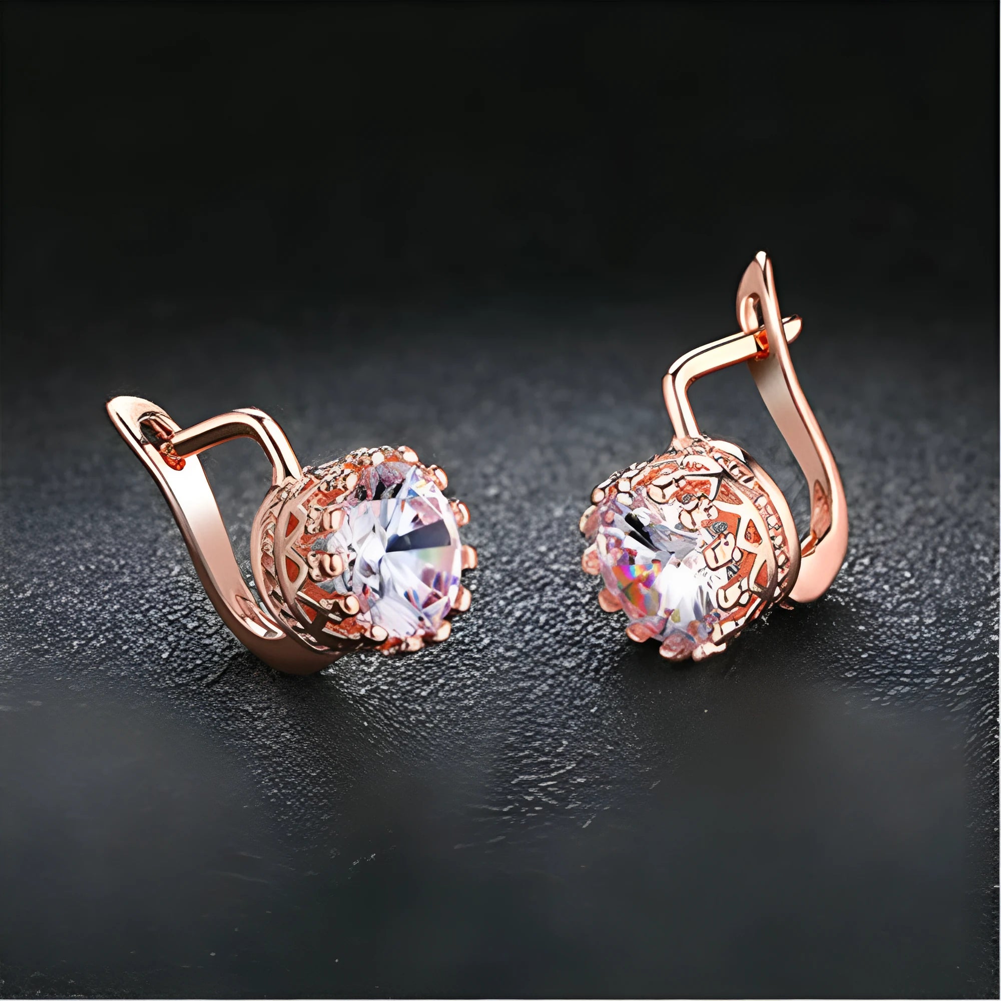 Korean retro crown-shaped clip-on earrings in rose gold and white gold colour finishes on a white background.