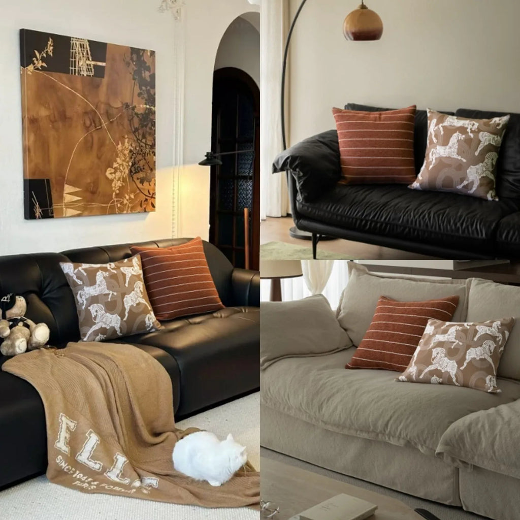 Chinese style 45cm square cushion with geometric Maillard pattern in brown tones