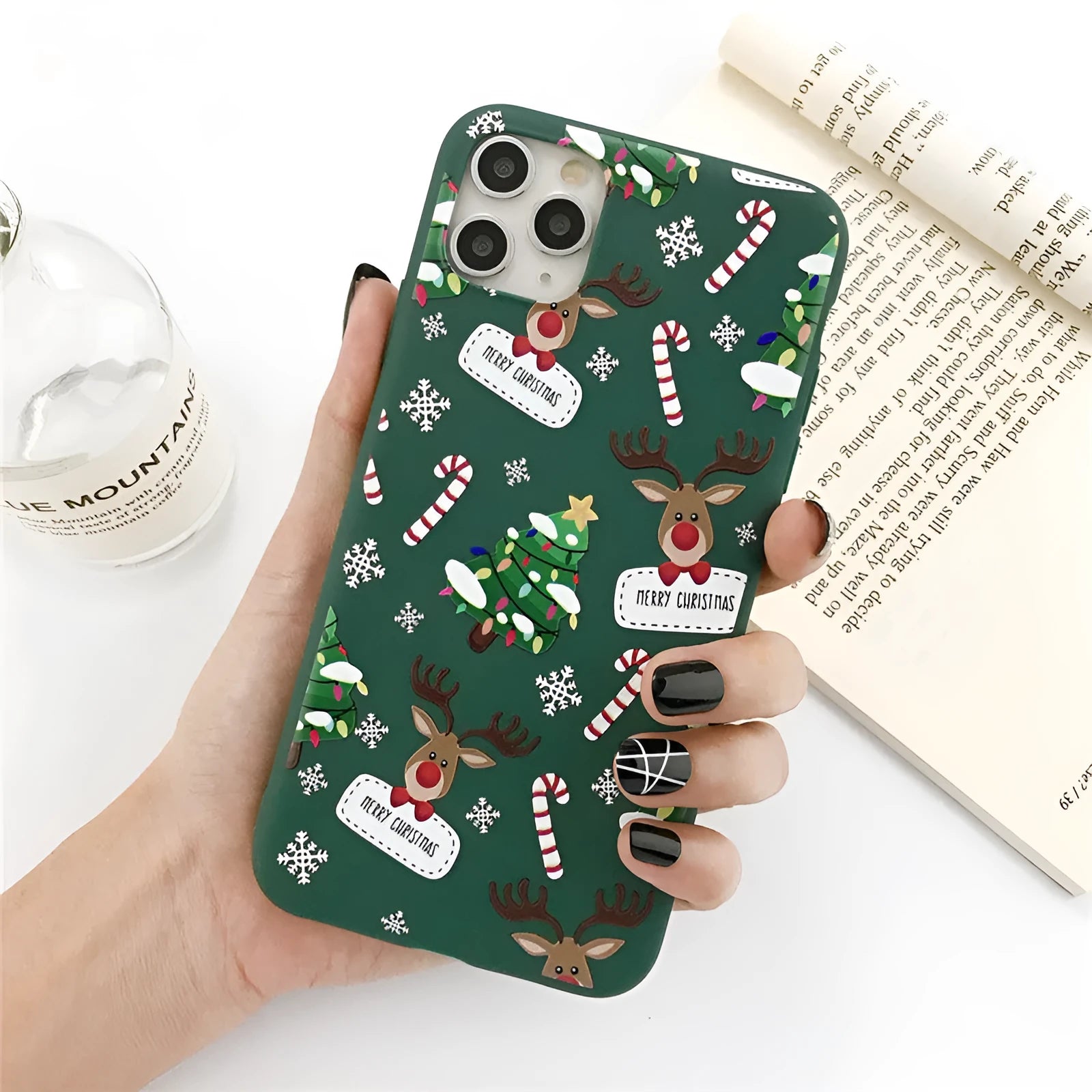 Green TPU Christmas elk phone case with cartoon tree design for iPhone models
