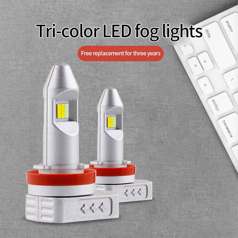 Super Stable LED car fog lamp bulb with aluminium housing and multiple connector types on white background.