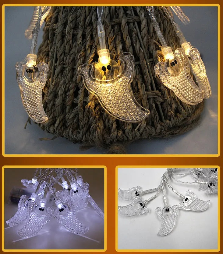 Halloween LED string lights with pumpkin, ghost and bat pendants on white cord