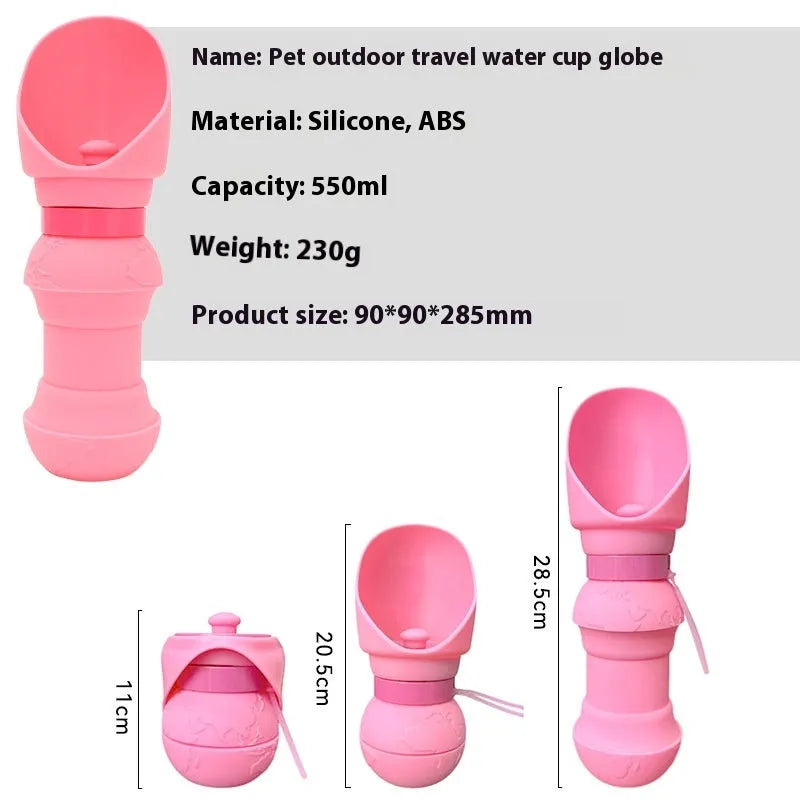 Collapsed and unfolded views of a silicone folding water cup for pets in a choice of colours.