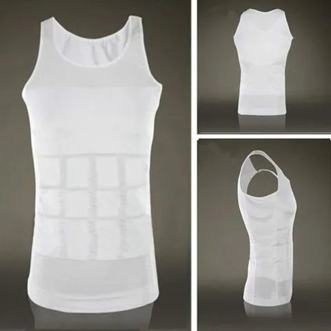 Men's black compression tummy shaper vest with U-neck and plain fabric design