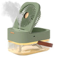 White humidifier spray fan with 2.5L water tank, dual spray ports, and night light on desktop