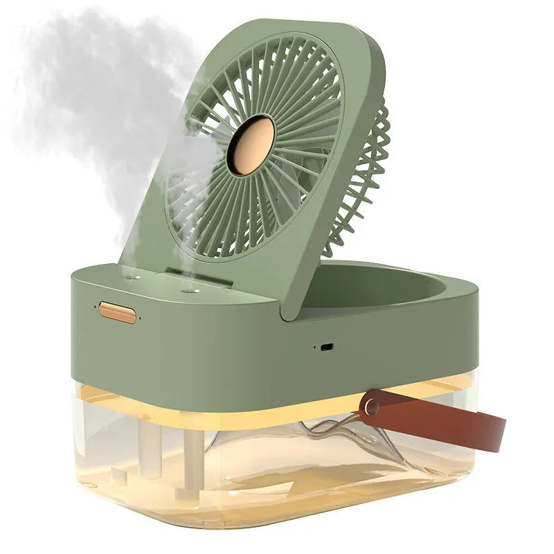 White humidifier spray fan with 2.5L water tank, dual spray ports, and night light on desktop
