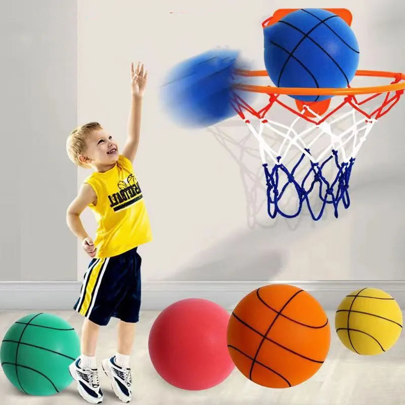 Silent foam indoor basketball toy in bright colours with soft elastic construction for safe indoor play