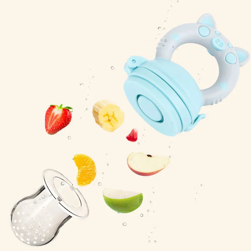 Silicone baby teether in blue, green, or pink colours with textured mouthpiece design